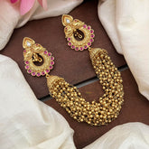 Elegant Dual Peacock Jada Billai with Golden Pearl Maatil-Bun Billai-Red-G13084